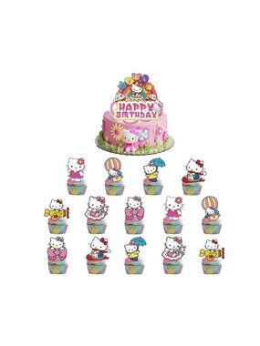 Hello Kitty Birthday Cake & Cupcake Toppers Set 4.72” Cake Topper 3.1” Cupcake T